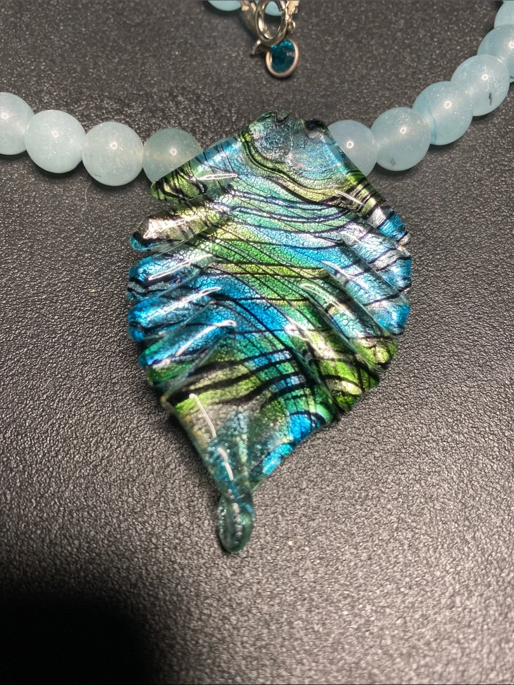 Blue Beaded Necklace with Dichroic Glass Leaf Pendant